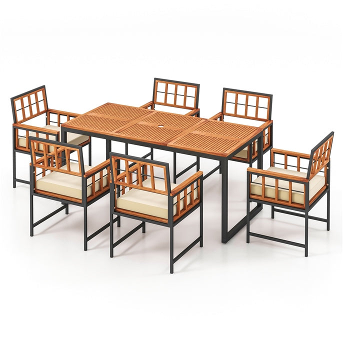 Tangkula Ensemble repas de patio 7 pièces, table et chaises d'extérieur en bois d'acacia avec coussins moelleux et trou pour parasol